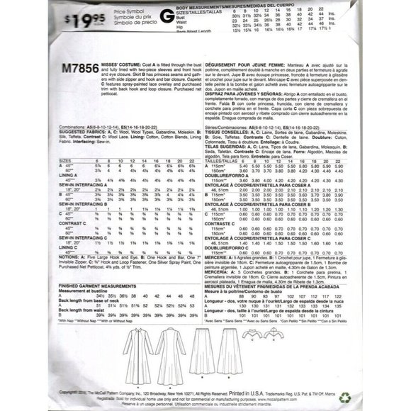 McCalls M7856 Misses Costume 6 to 14 Medieval Jacket, Skirt Uncut Sewing Pattern - Picture 2 of 2